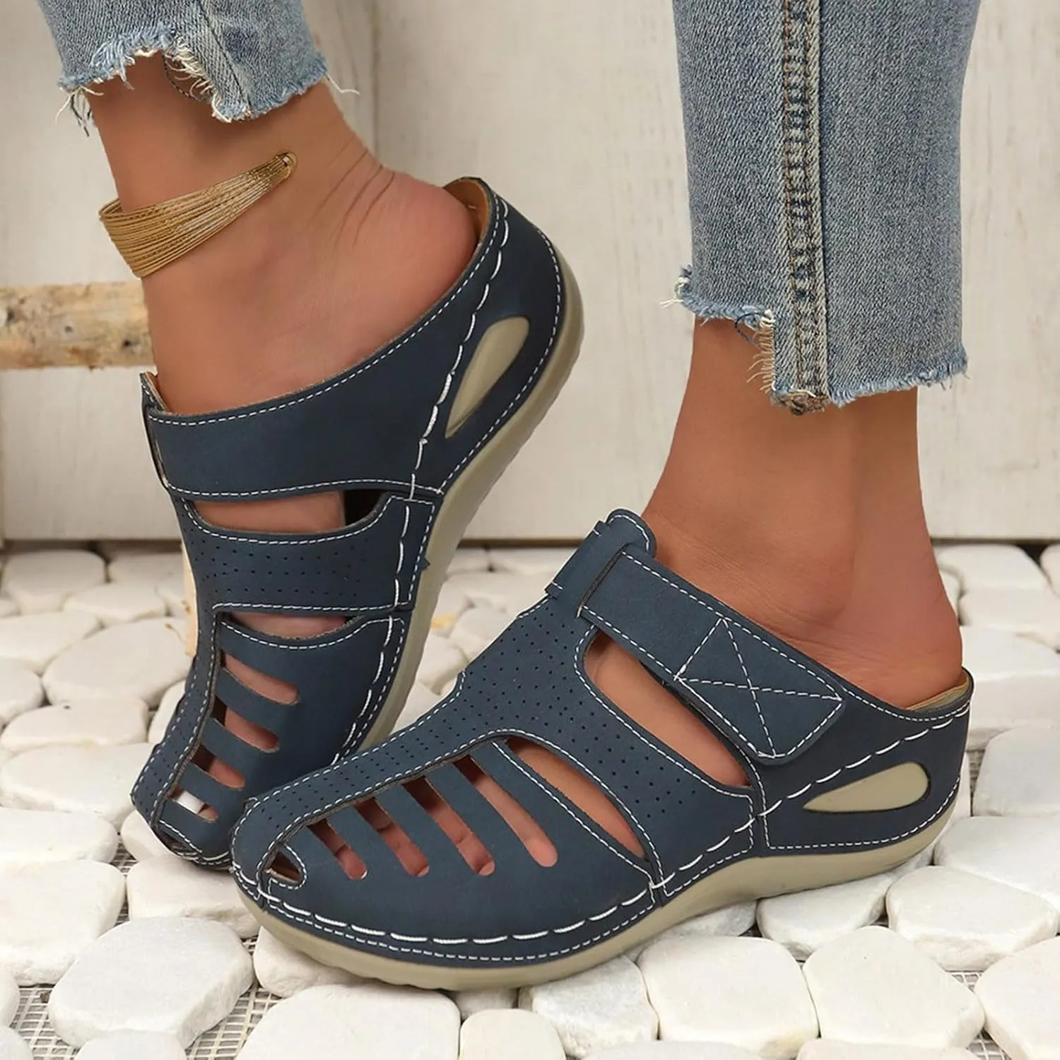 ZSpzx Women's Orthotic Cushion Sandals Recovery Walking Sandal for Women Cutout Caged Summer Orthopedic Arch Support Wedge Slide Comfortable Slip on Hollow Out Plantar Fasciitis Mules Shoes