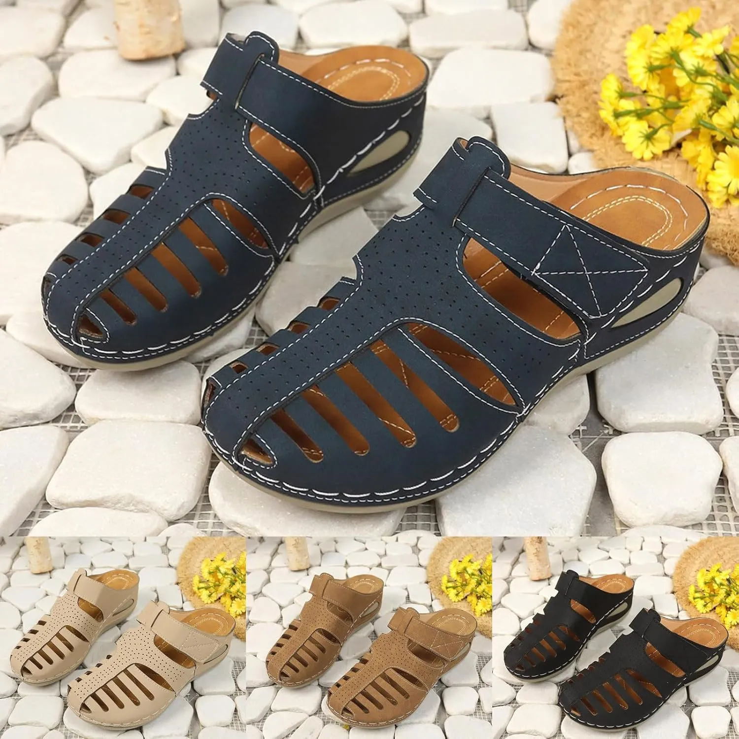 ZSpzx Women's Orthotic Cushion Sandals Recovery Walking Sandal for Women Cutout Caged Summer Orthopedic Arch Support Wedge Slide Comfortable Slip on Hollow Out Plantar Fasciitis Mules Shoes