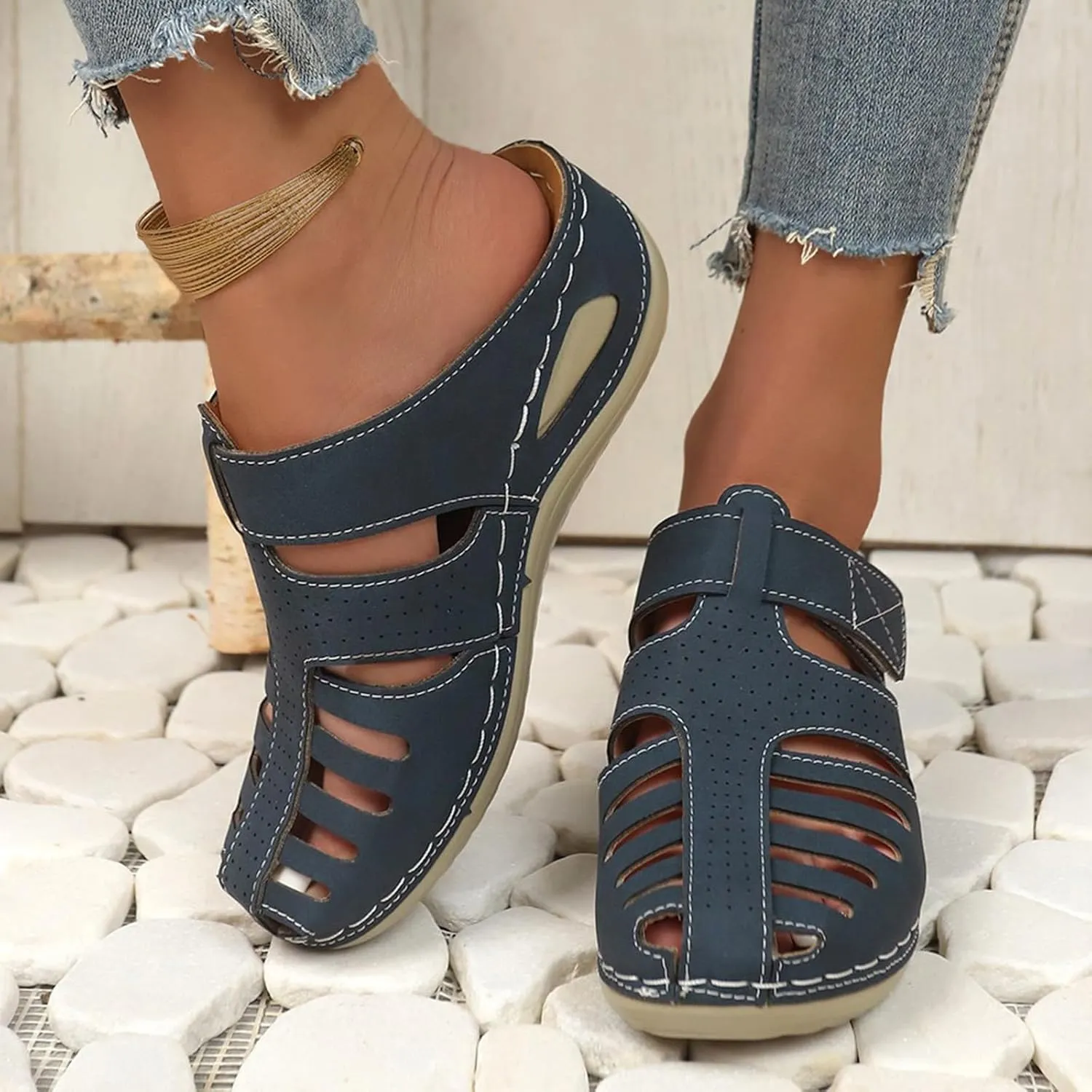 ZSpzx Women's Orthotic Cushion Sandals Recovery Walking Sandal for Women Cutout Caged Summer Orthopedic Arch Support Wedge Slide Comfortable Slip on Hollow Out Plantar Fasciitis Mules Shoes
