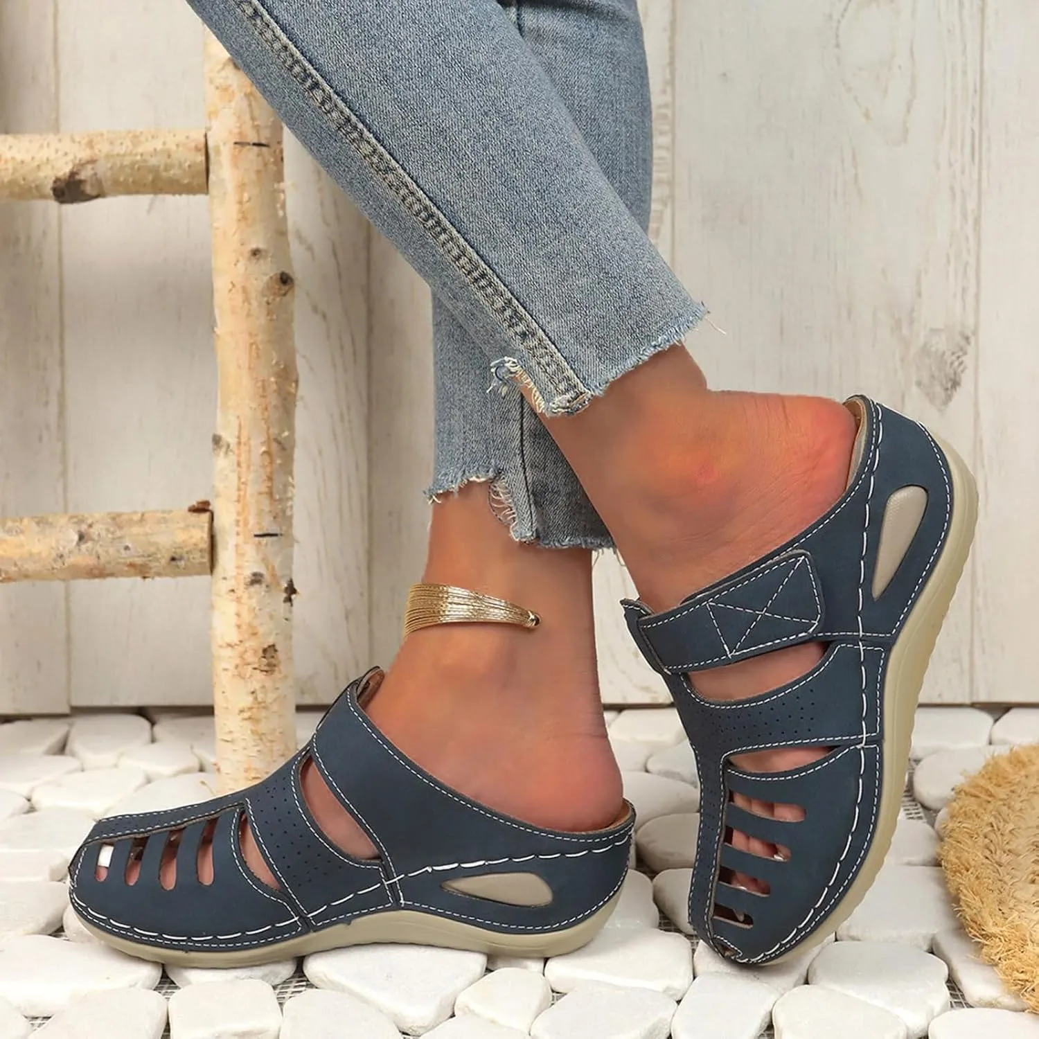 ZSpzx Women's Orthotic Cushion Sandals Recovery Walking Sandal for Women Cutout Caged Summer Orthopedic Arch Support Wedge Slide Comfortable Slip on Hollow Out Plantar Fasciitis Mules Shoes