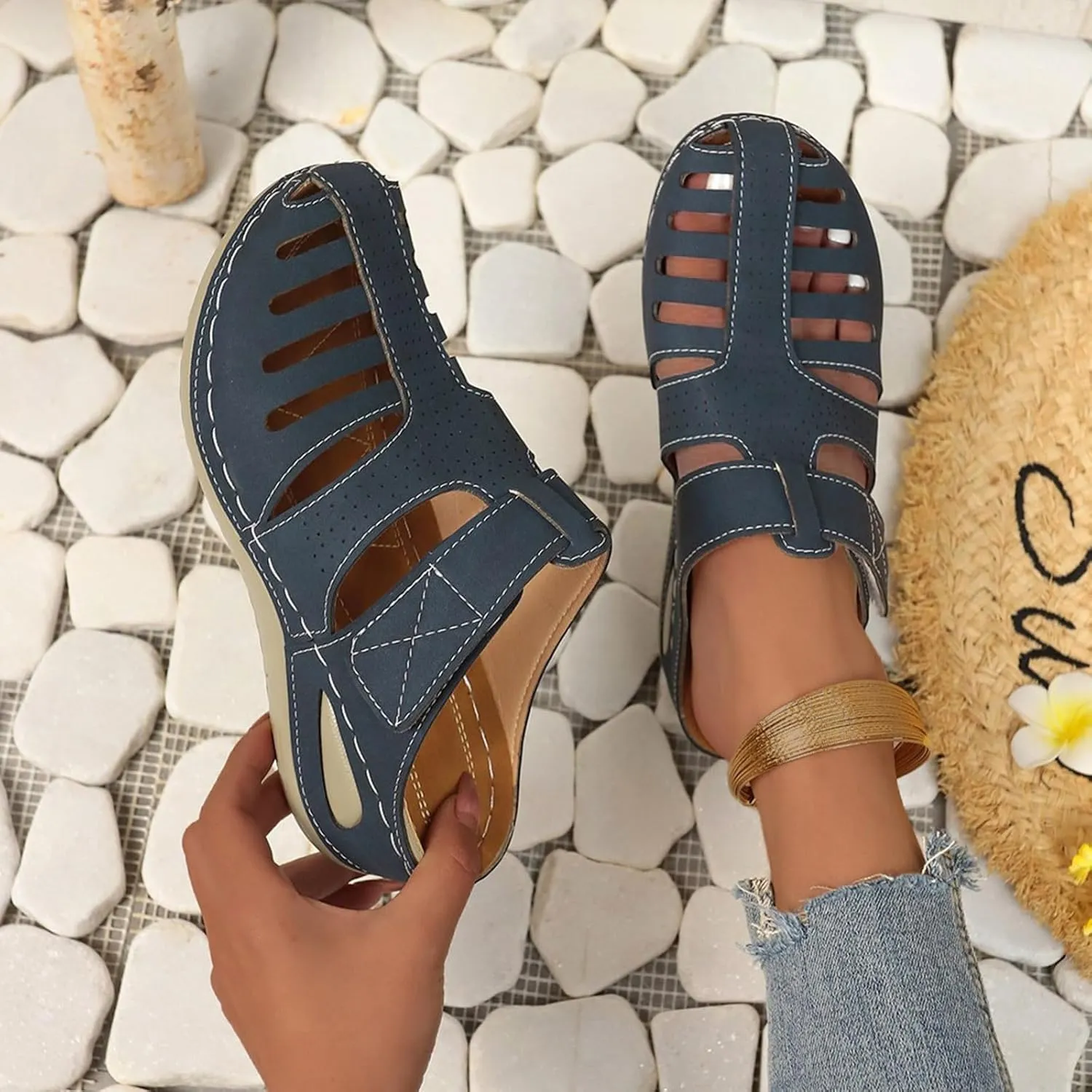 ZSpzx Women's Orthotic Cushion Sandals Recovery Walking Sandal for Women Cutout Caged Summer Orthopedic Arch Support Wedge Slide Comfortable Slip on Hollow Out Plantar Fasciitis Mules Shoes