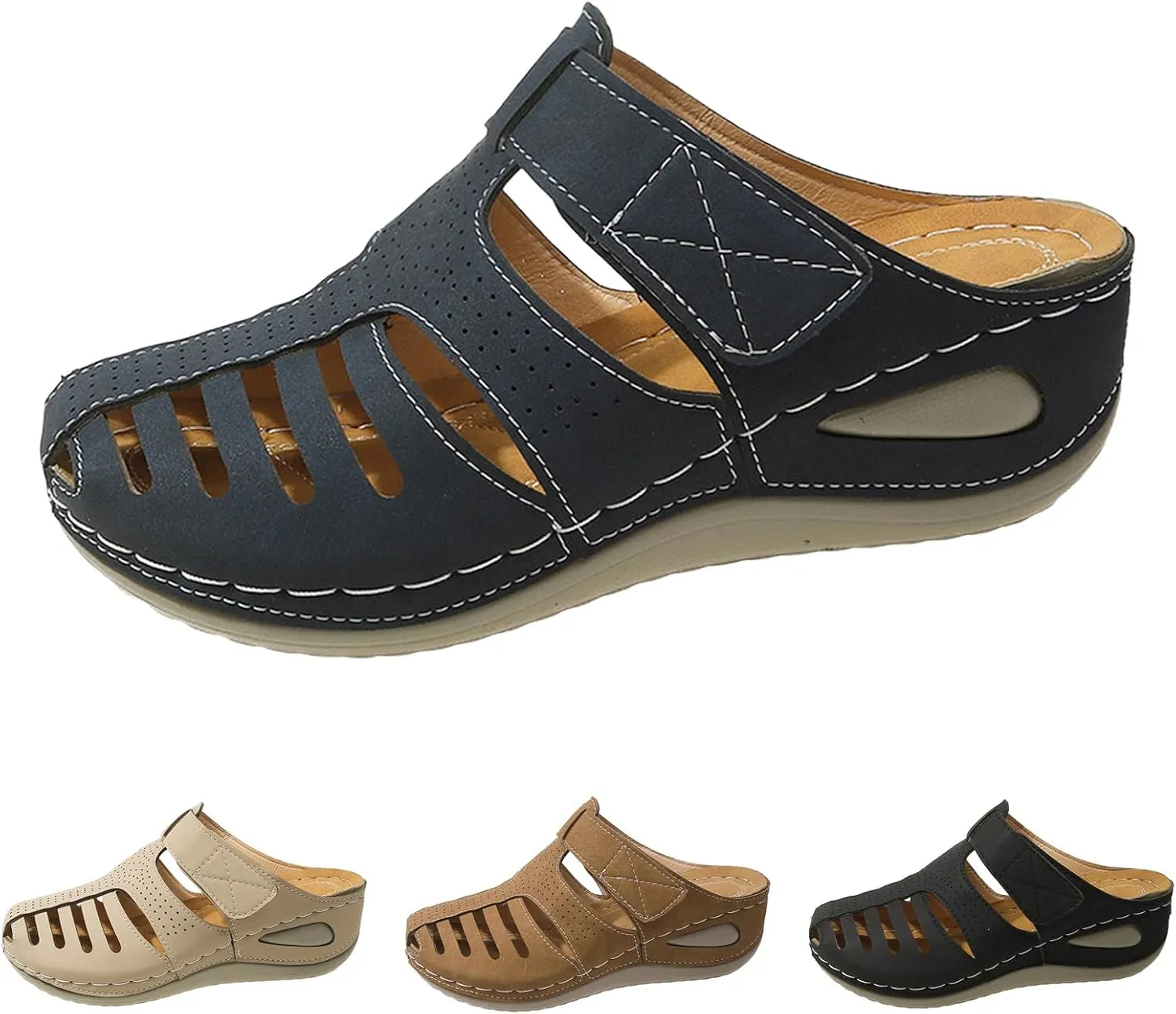 ZSpzx Women's Orthotic Cushion Sandals Recovery Walking Sandal for Women Cutout Caged Summer Orthopedic Arch Support Wedge Slide Comfortable Slip on Hollow Out Plantar Fasciitis Mules Shoes